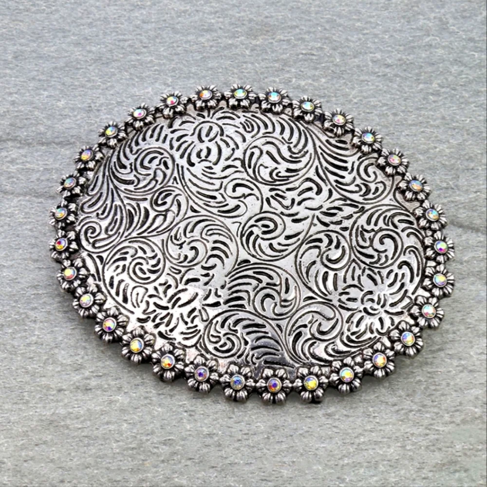 NWT Western Silver Floral Rhinestone Belt Buckle